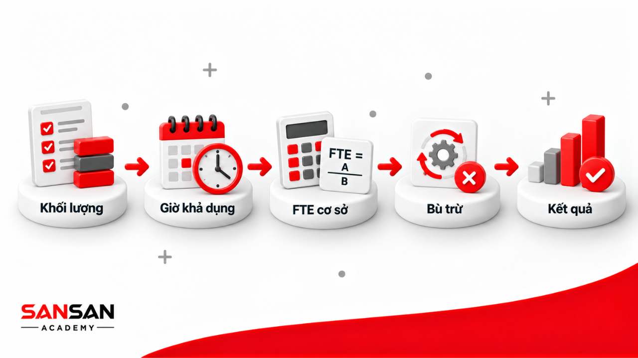 Cách tính định biên nhân sự từ khối lượng công việc, giờ khả dụng, FTE cơ sở, hệ số bù trừ đến kết quả