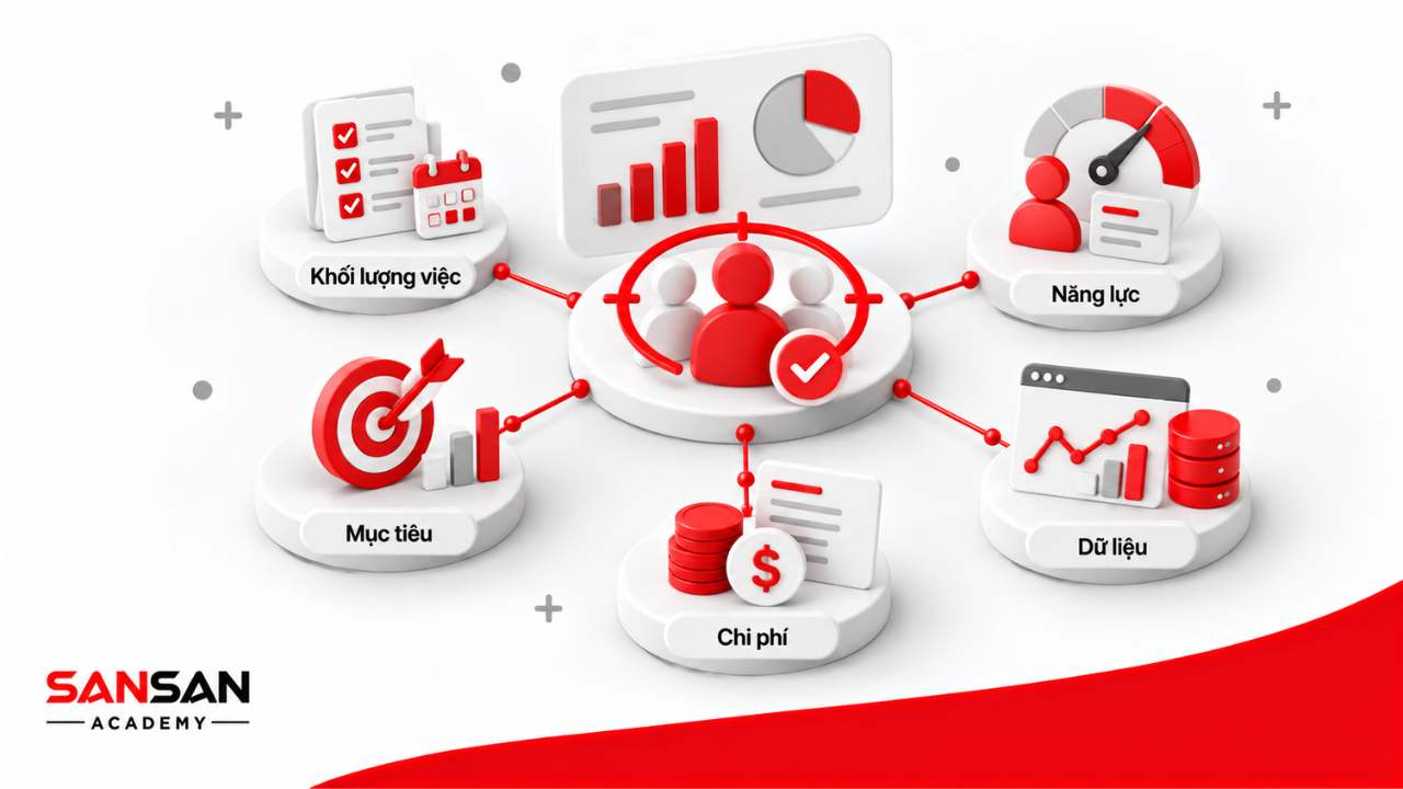 Các căn cứ bố trí nhân lực gồm mục tiêu, khối lượng công việc, năng lực, dữ liệu và chi phí