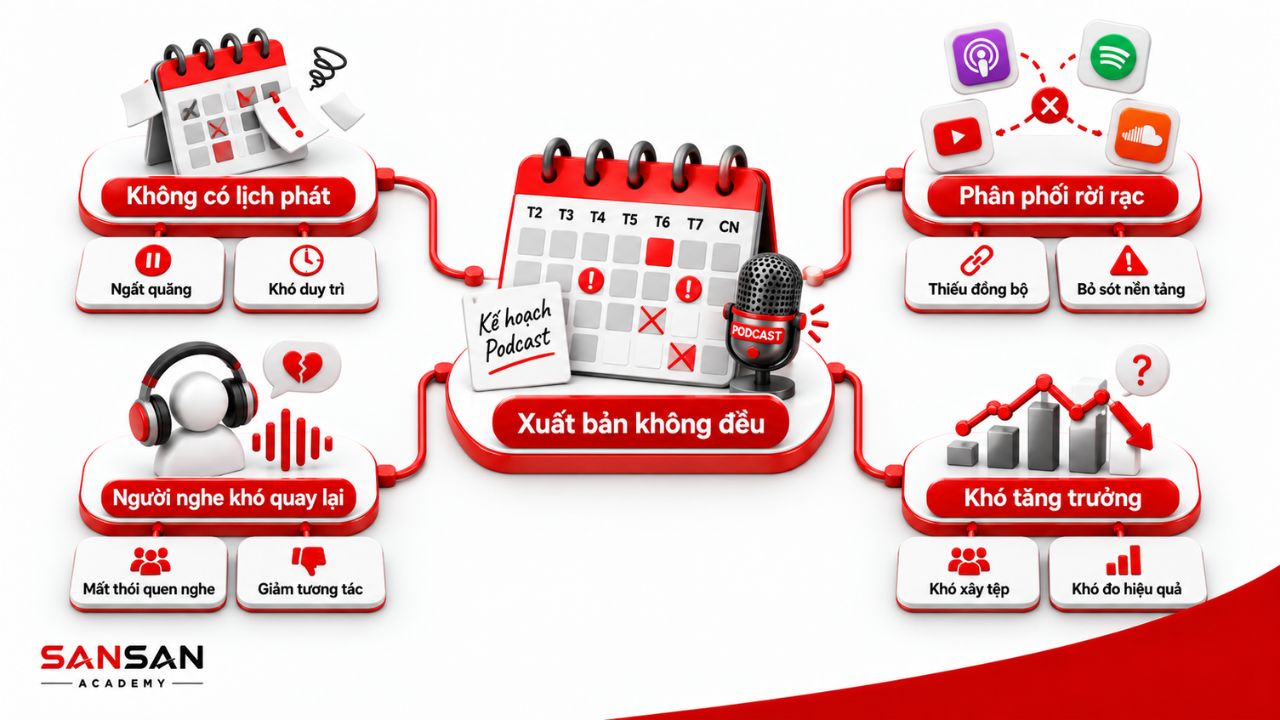 Xuất bản podcast không đều gây đứt quãng và phân phối thiếu nhất quán