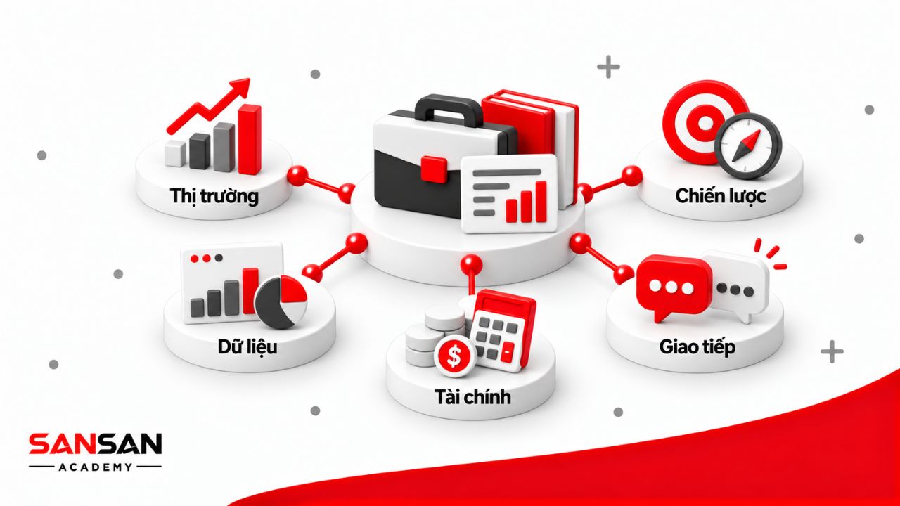 Giám đốc kinh doanh cần hiểu thị trường, chiến lược, dữ liệu, tài chính và giao tiếp để đưa ra quyết định quản lý.