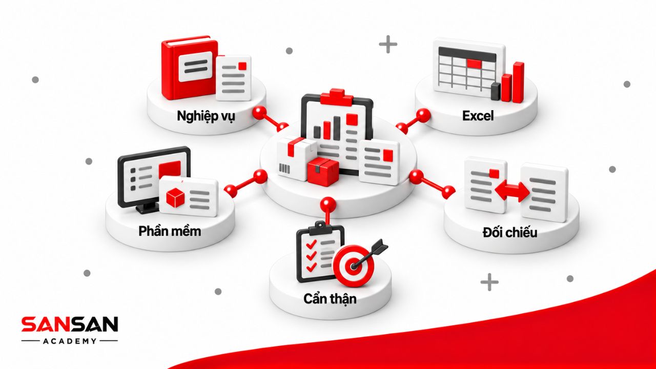 Kế toán kho cần nắm nghiệp vụ, Excel, phần mềm, kỹ năng đối chiếu và sự cẩn thận.