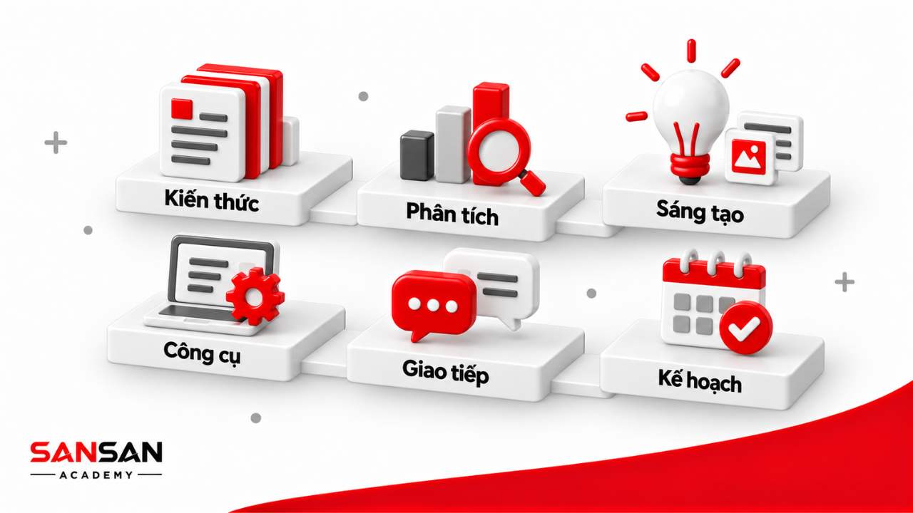 Những kỹ năng cần có của nhân viên Marketing gồm kiến thức, phân tích, sáng tạo, sử dụng công cụ, giao tiếp và lập kế hoạch