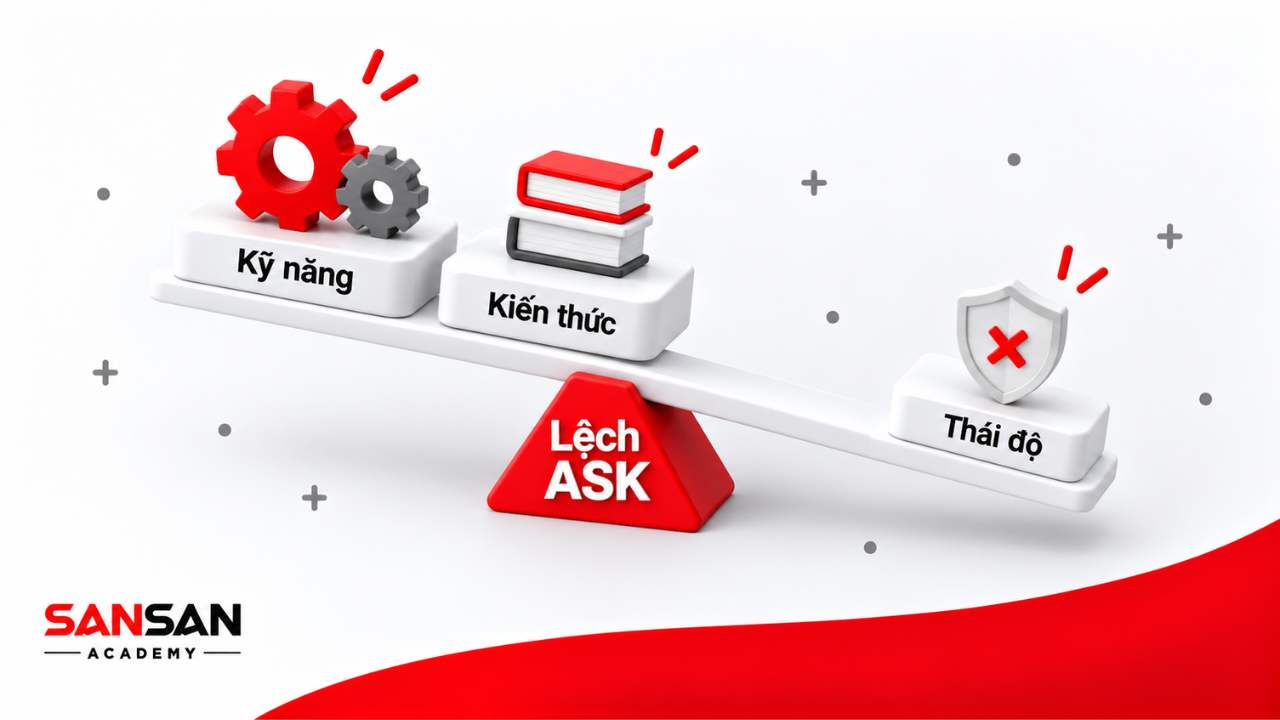 Hình cân lệch ASK cho thấy kỹ năng và kiến thức được chú trọng hơn thái độ, làm mất cân bằng khung năng lực.