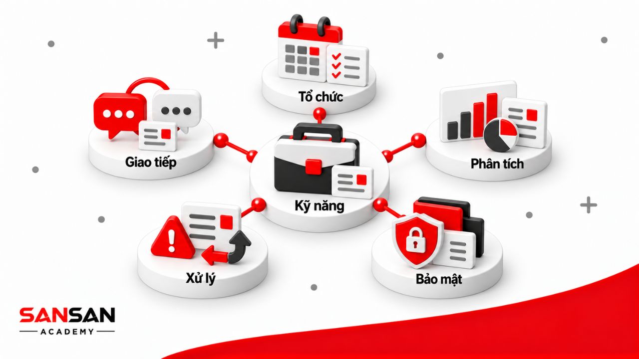 Kỹ năng trợ lý giám đốc gồm tổ chức, giao tiếp, phân tích, xử lý tình huống và bảo mật thông tin.