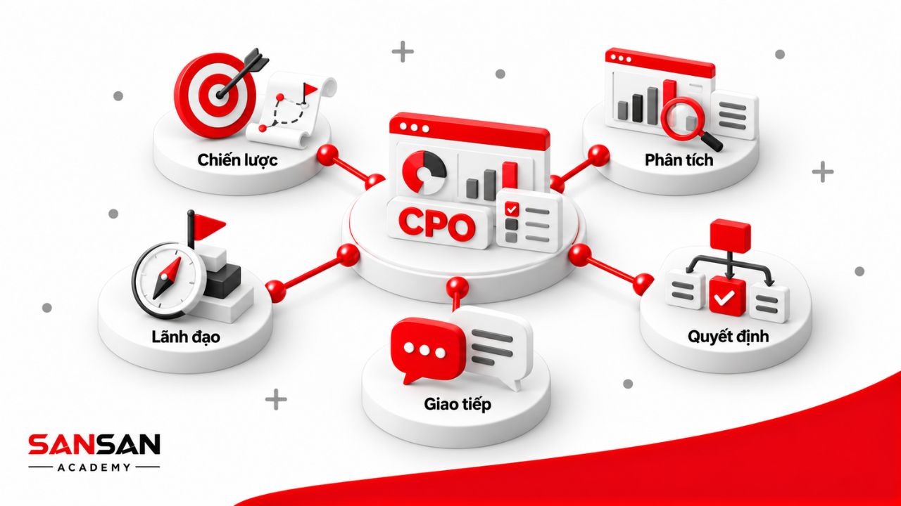 Kỹ năng CPO gồm tư duy chiến lược, phân tích, lãnh đạo, giao tiếp và ra quyết định trong các vấn đề sản phẩm phức tạp.
