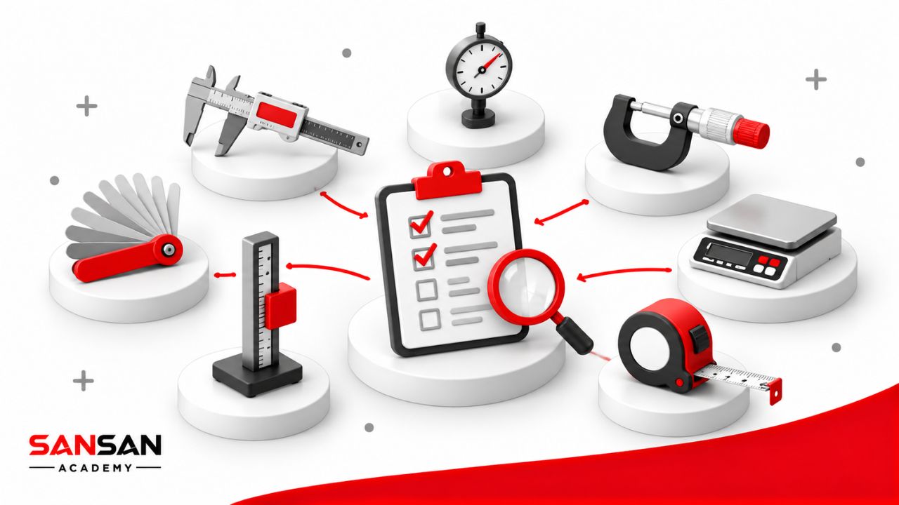 Các dụng cụ đo QC gồm thước cặp, panme, đồng hồ so, cân, thước đo cao, thước cuộn và bộ lá căn dùng để kiểm tra đặc tính sản phẩm.
