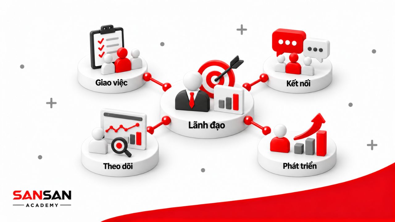 Lãnh đạo đội ngũ kinh doanh gồm giao việc, kết nối, theo dõi kết quả và phát triển năng lực nhân viên.