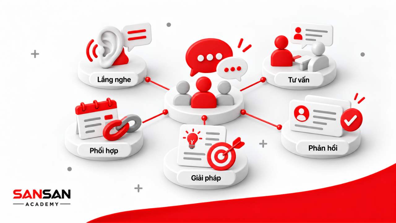 Kỹ năng giao tiếp và tư vấn nhân sự gồm lắng nghe, phối hợp, phản hồi, đề xuất giải pháp và tư vấn