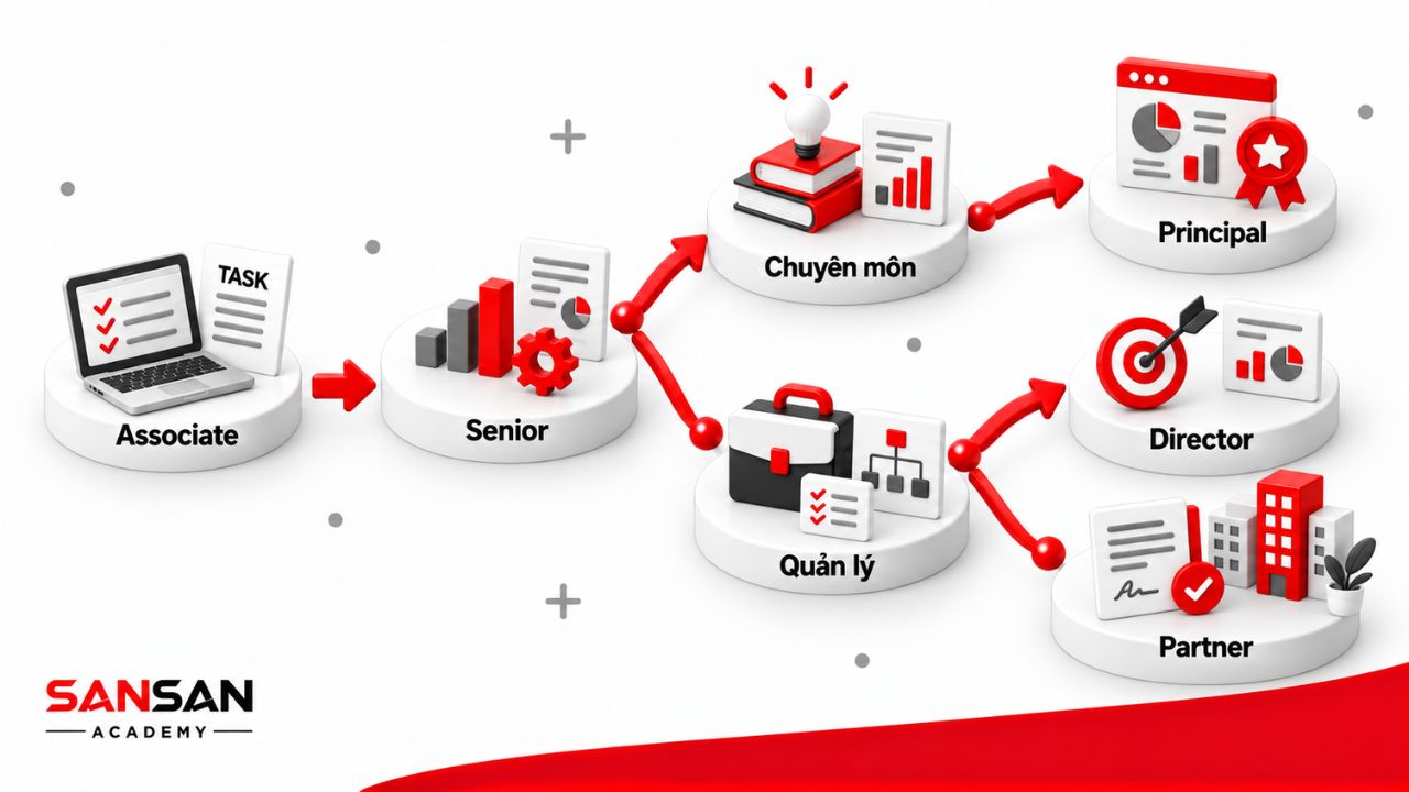 Lộ trình từ Associate có thể đi lên Senior Associate rồi phát triển theo hướng chuyên môn, quản lý, Director, Principal hoặc Partner.