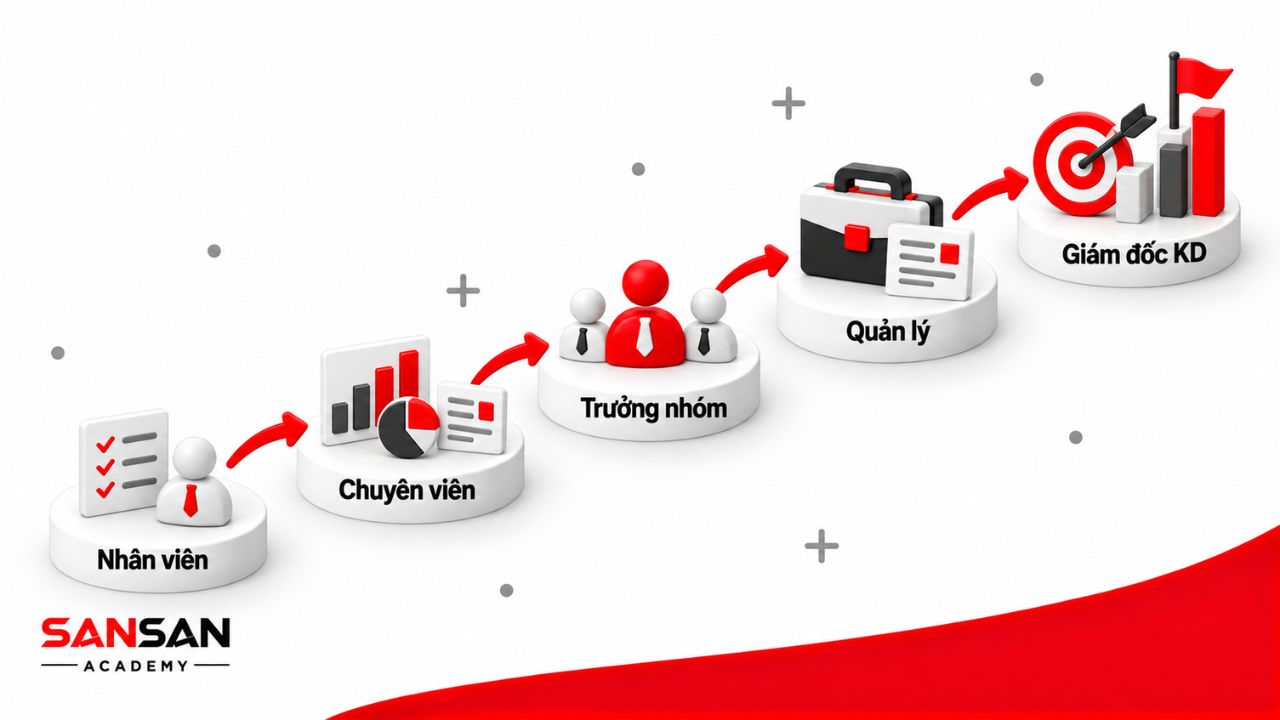 Lộ trình nghề kinh doanh đi từ nhân viên, chuyên viên, trưởng nhóm, quản lý đến giám đốc kinh doanh.