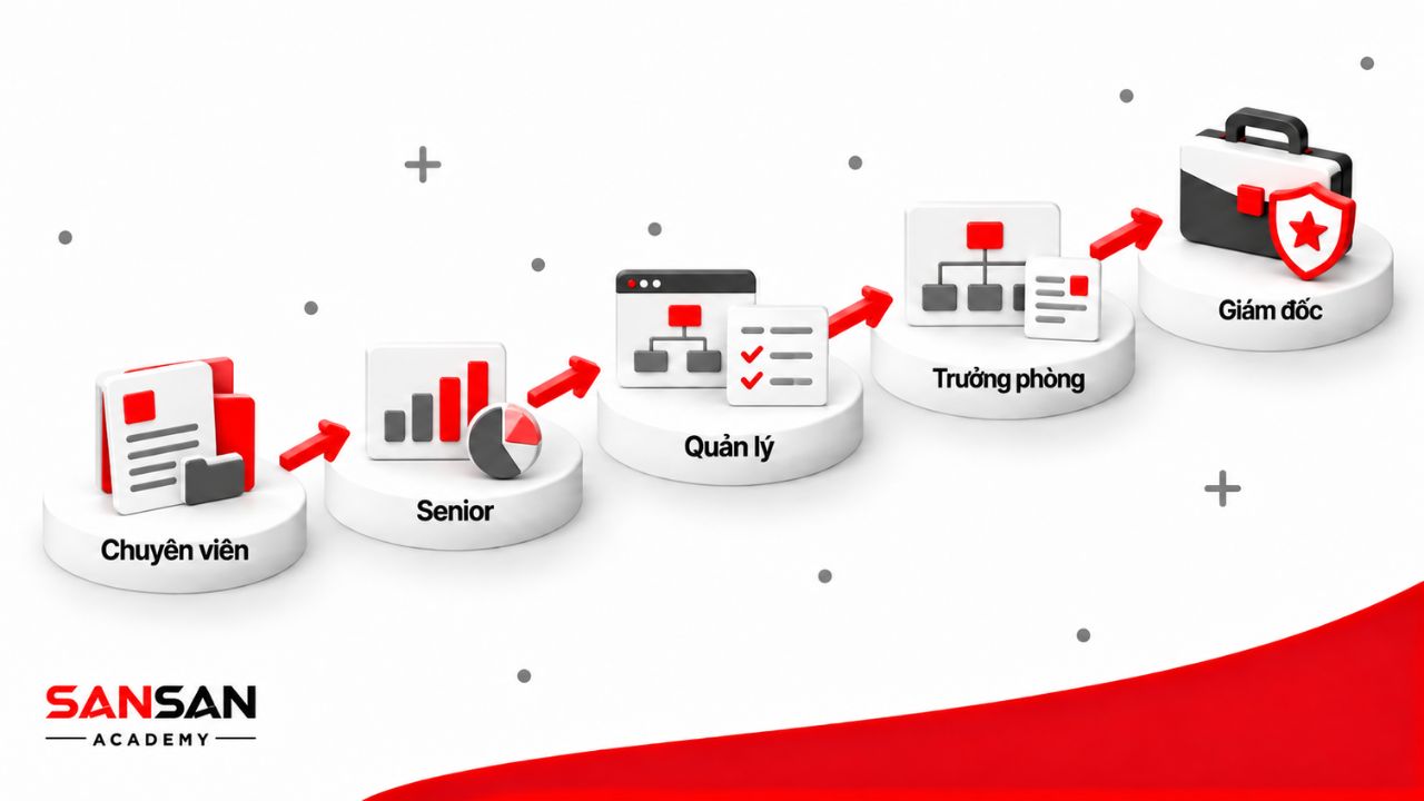 Lộ trình nghề HR đi từ chuyên viên, Senior, quản lý, trưởng phòng đến giám đốc nhân sự với phạm vi trách nhiệm tăng dần.