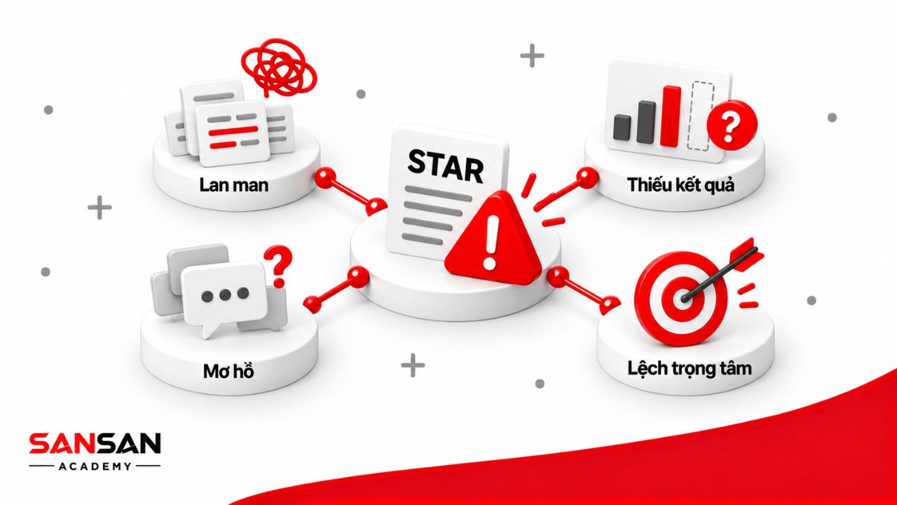 Lỗi khi dùng STAR gồm trả lời lan man, mơ hồ, lệch trọng tâm và không nêu kết quả đủ cụ thể.