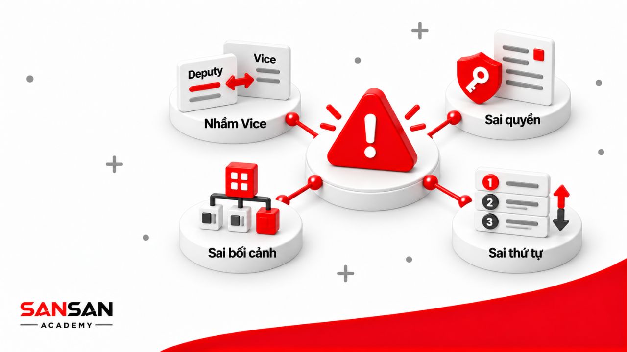 Các lỗi khi dùng Deputy gồm nhầm với Vice, suy luận sai quyền hạn, bỏ qua bối cảnh tổ chức và dùng sai thứ tự từ trong chức danh.