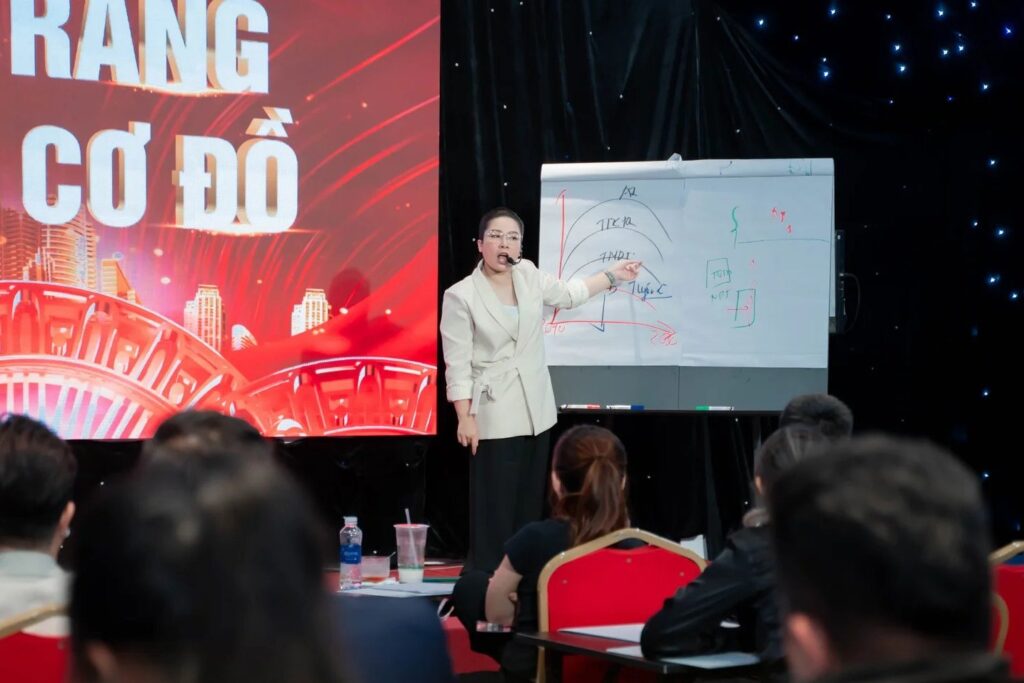 Lớp Tay Trắng Dựng Cơ Đồ nhìn từ phía sau, giảng viên bên bảng giấy