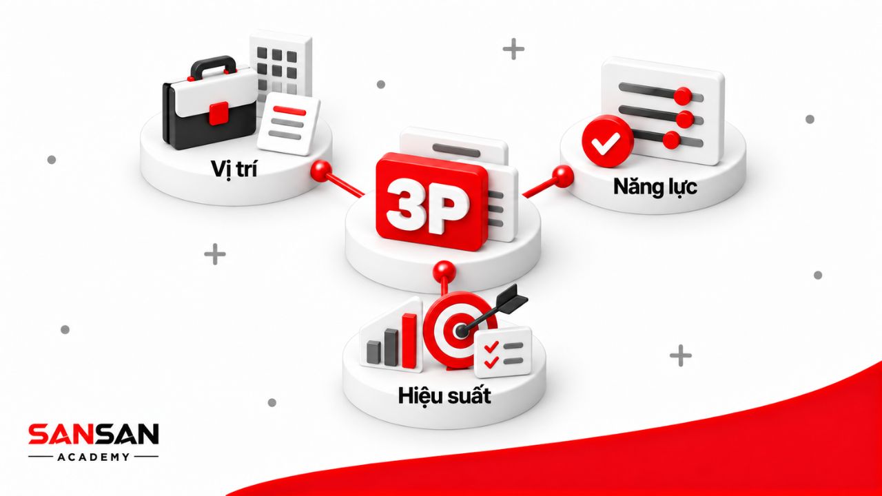Ba thành phần của lương 3P gồm P1 theo vị trí, P2 theo năng lực và P3 theo hiệu suất công việc.