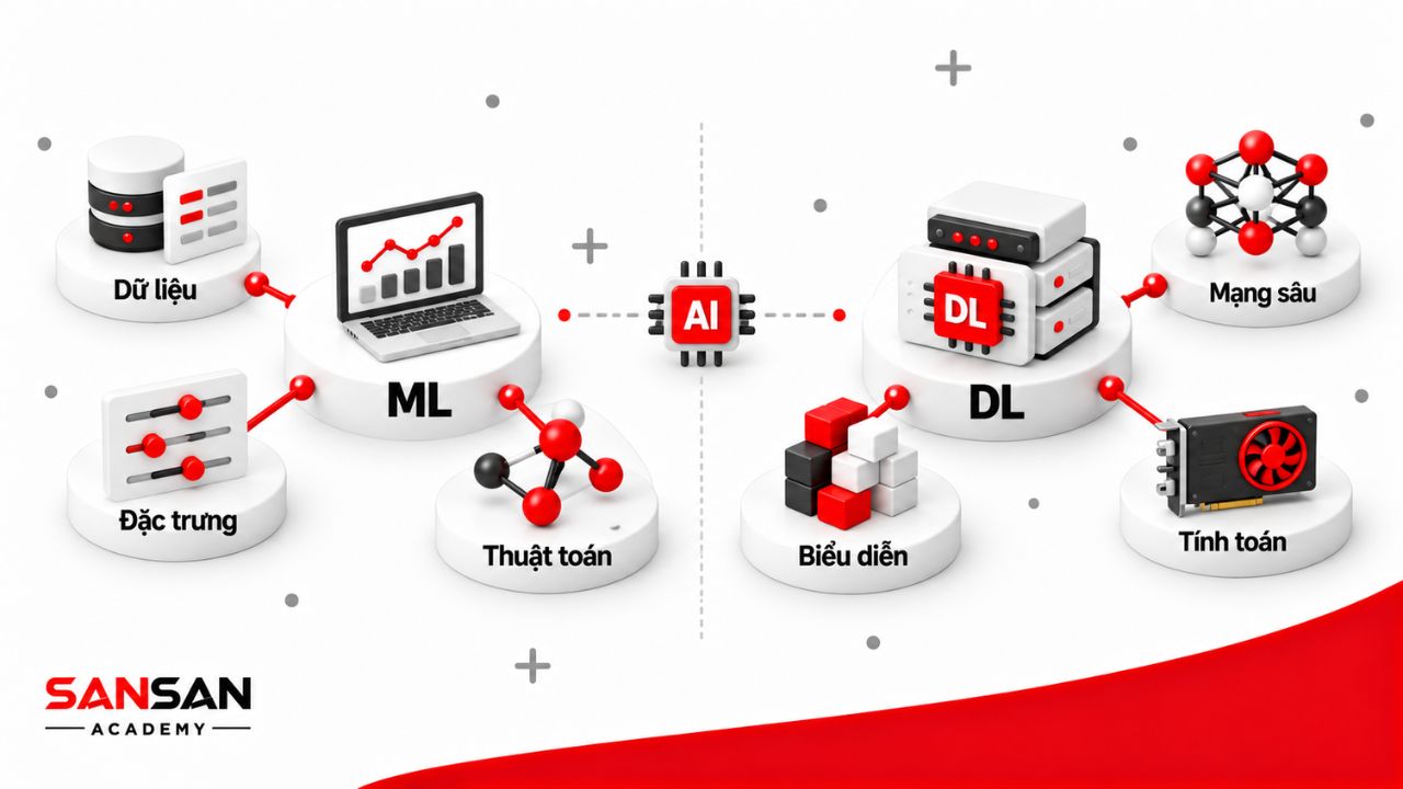 So sánh Machine Learning với dữ liệu, đặc trưng, thuật toán và Deep Learning với mạng sâu, biểu diễn, tính toán.