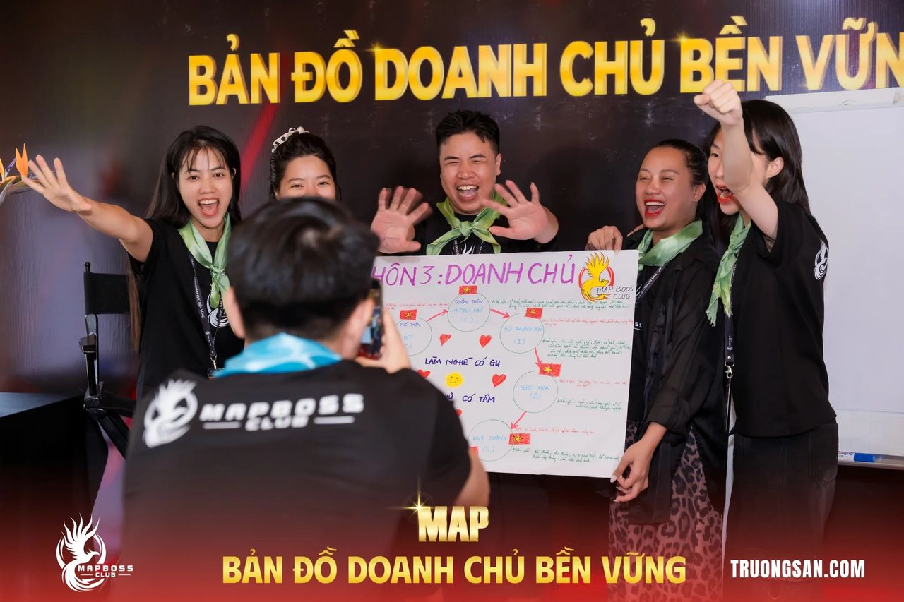 Một đội MAP CAMP mùa 19 reo hò bên tấm bản đồ vẽ tay
