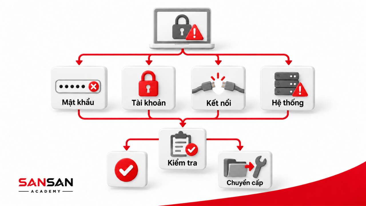 Các nguyên nhân lỗi đăng nhập và nhánh kiểm tra hoặc chuyển cấp