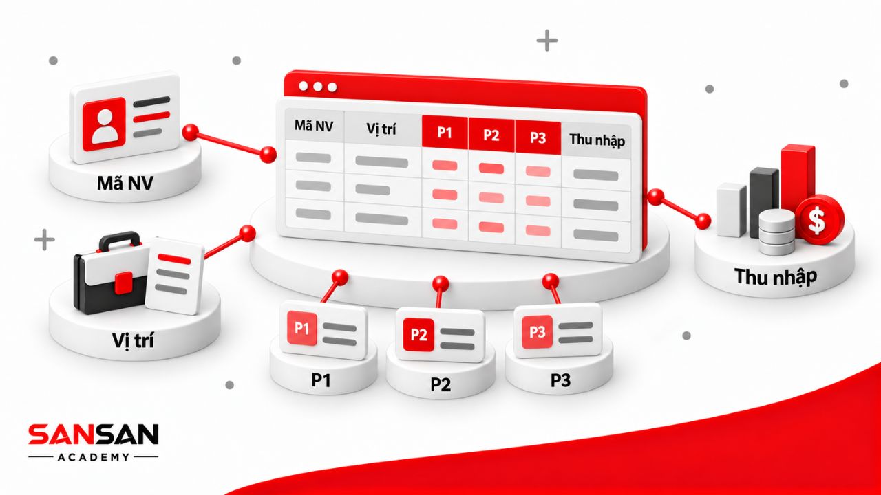 Bảng lương 3P tập hợp mã nhân viên, vị trí, P1, P2, P3 và tổng thu nhập để theo dõi kết quả trả lương.