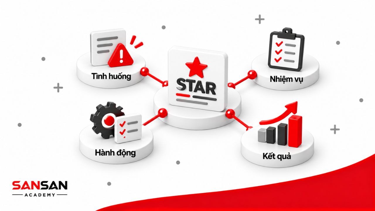 Mô hình STAR liên kết tình huống, nhiệm vụ, hành động và kết quả trong một câu trả lời phỏng vấn hành vi.