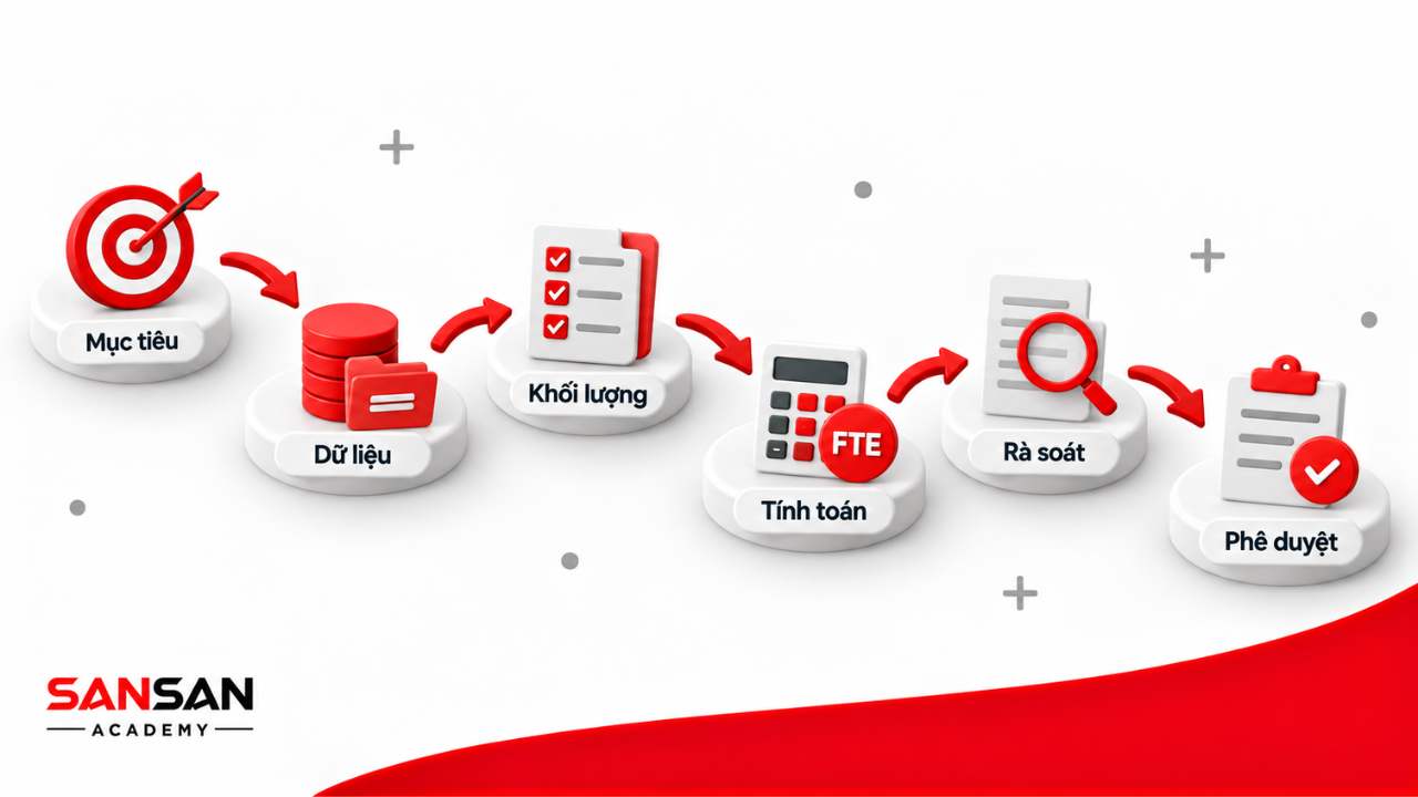 Quy trình xây dựng định biên nhân sự từ xác định mục tiêu, thu thập dữ liệu, đo khối lượng, tính toán, rà soát đến phê duyệt