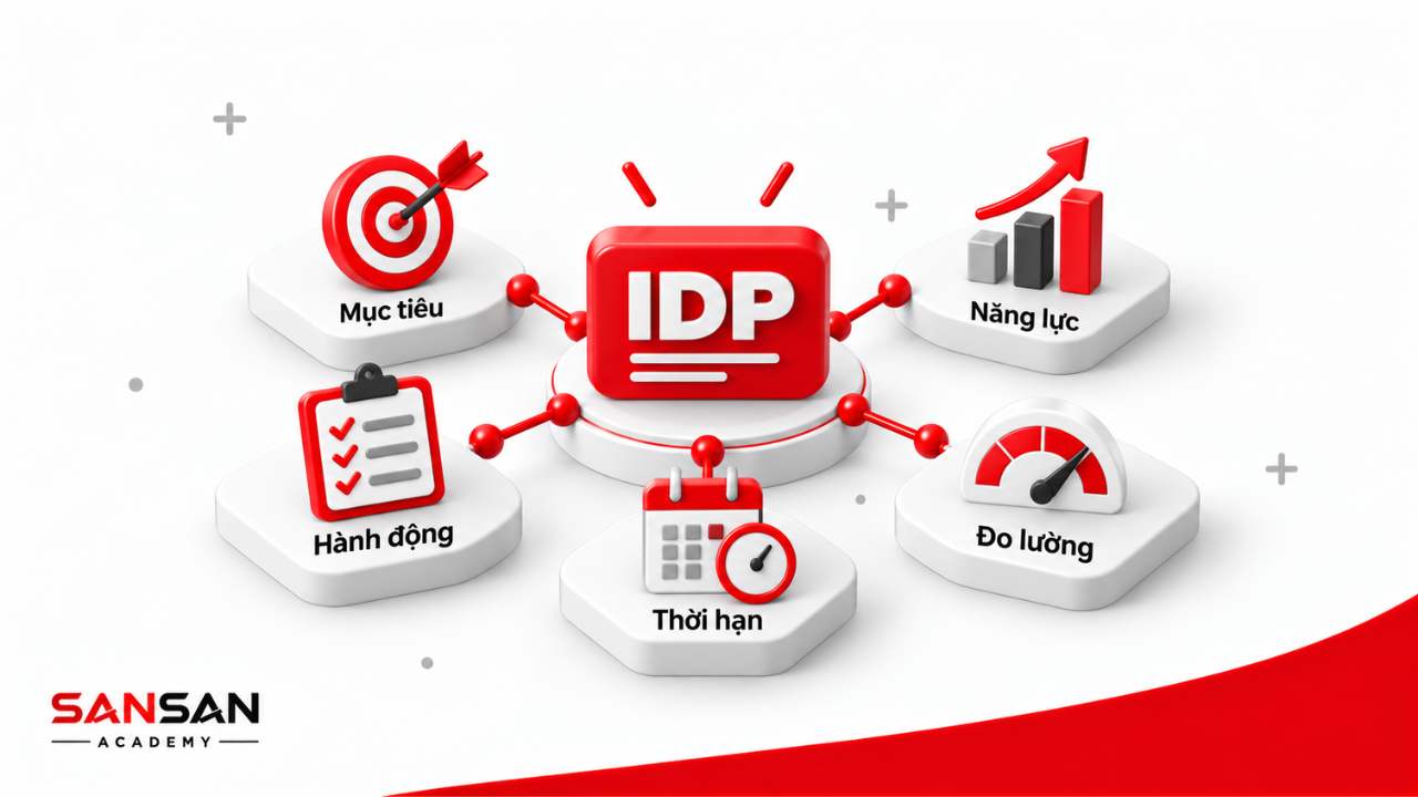 IDP gồm mục tiêu, năng lực, hành động, thời hạn và đo lường tiến bộ