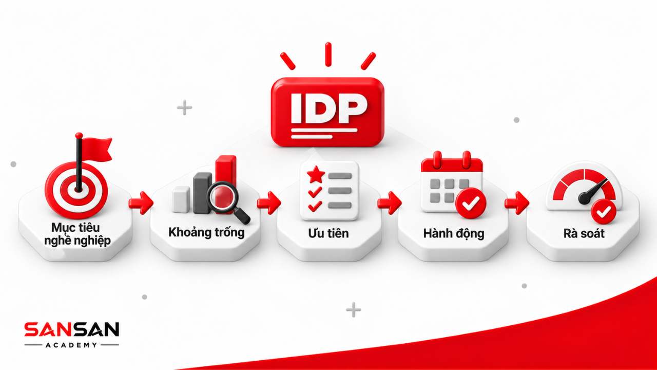 Quy trình IDP từ mục tiêu nghề nghiệp, khoảng trống, ưu tiên đến hành động và rà soát