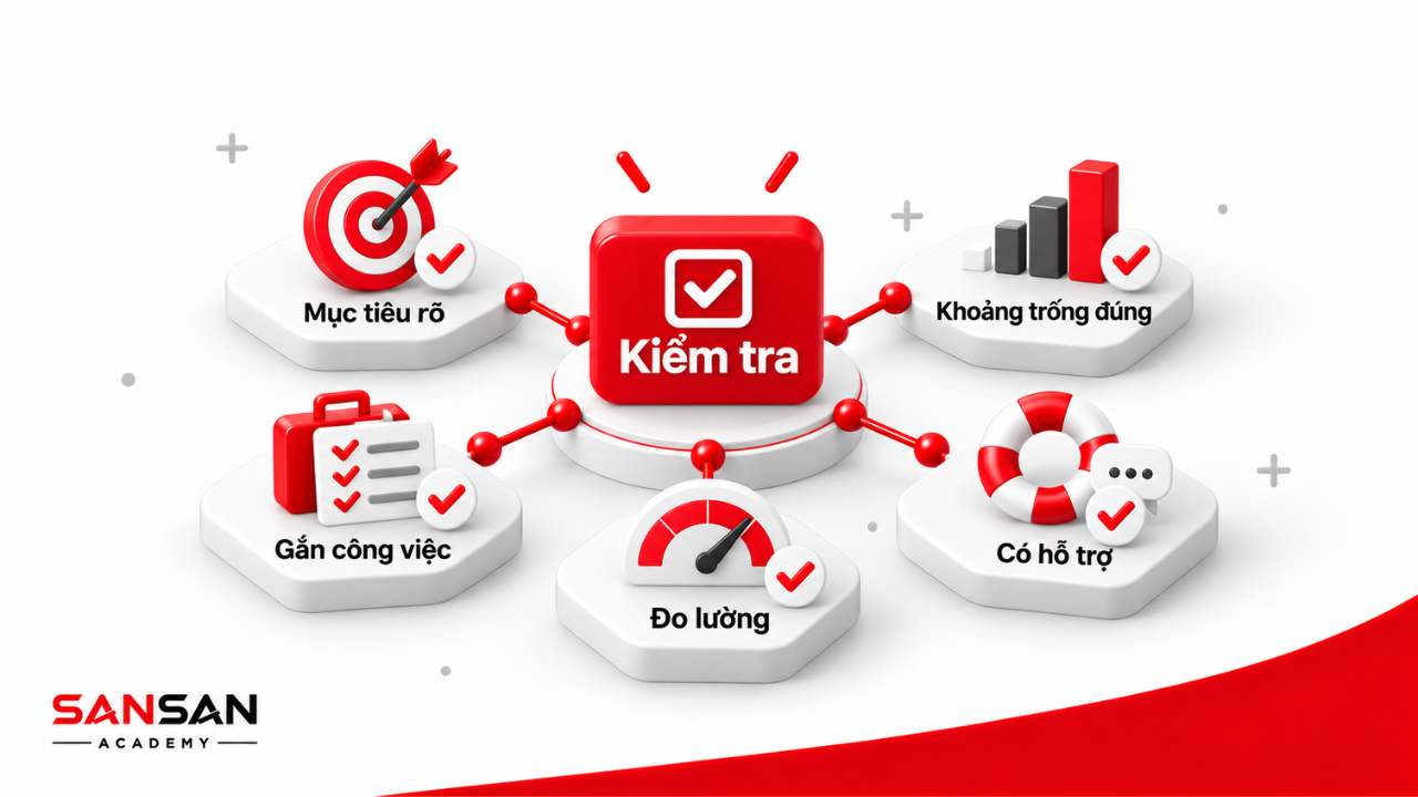 Kiểm tra IDP qua mục tiêu, khoảng trống, công việc thực tế, hỗ trợ và đo lường