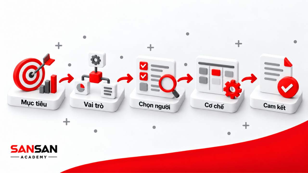 Các bước xây dựng Core Team gồm xác định mục tiêu, vai trò, chọn người, thiết lập cơ chế và cam kết