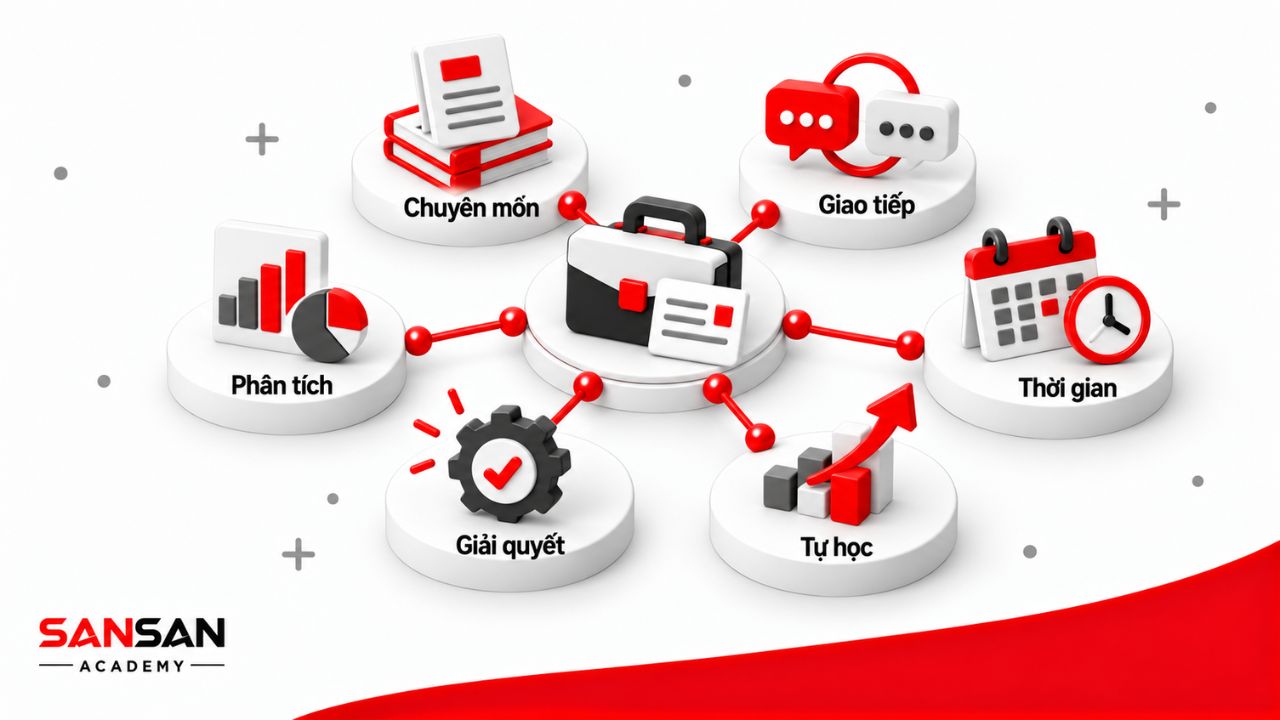 Năng lực Associate gồm kiến thức chuyên môn, giao tiếp, phân tích, quản lý thời gian, giải quyết vấn đề và khả năng tự học.
