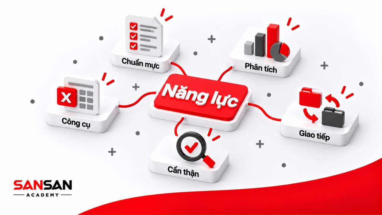 Năng lực nhân viên kế toán gồm chuẩn mực, phân tích, công cụ, giao tiếp và sự cẩn thận