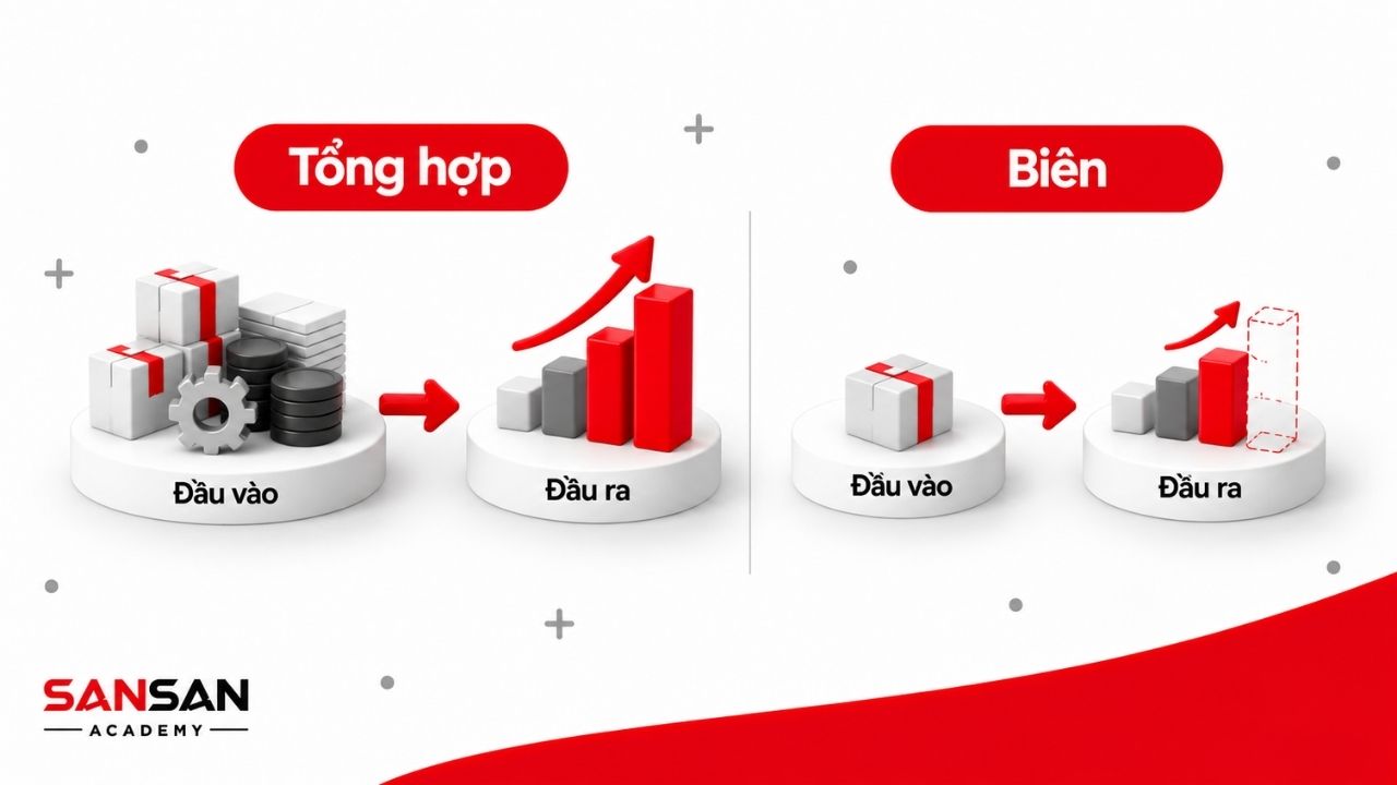 Năng suất tổng hợp xem đầu ra theo nhiều đầu vào, còn năng suất biên đo phần đầu ra tăng thêm từ một đơn vị đầu vào bổ sung.