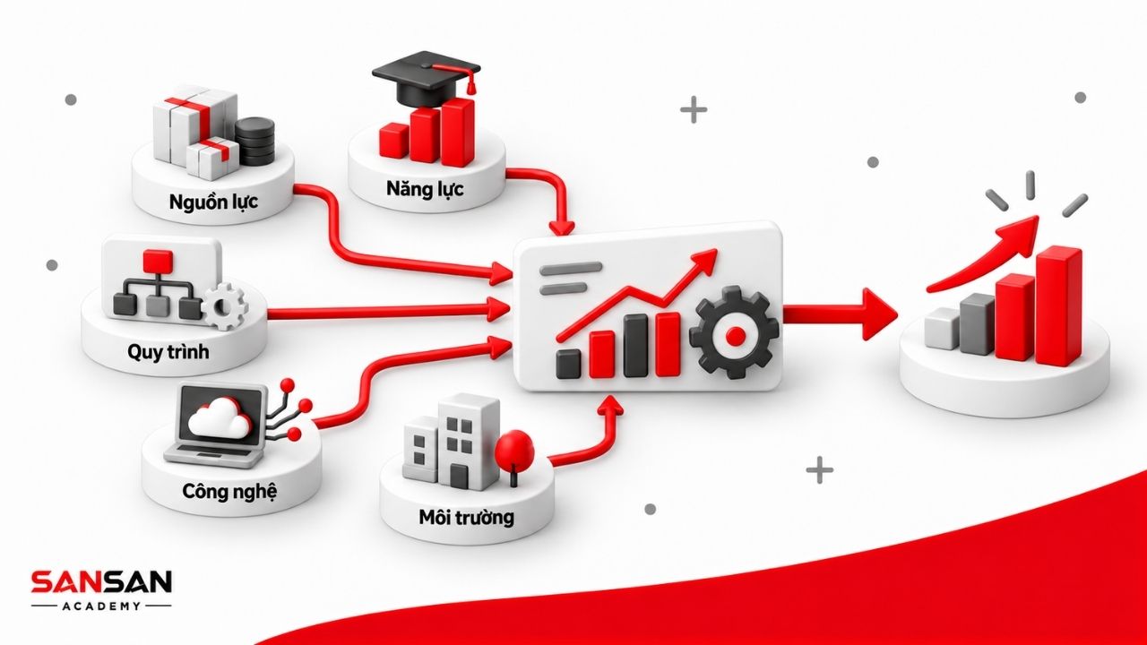 Năng suất chịu tác động từ năng lực, quy trình, công nghệ, thiết bị, môi trường và chính sách làm việc.