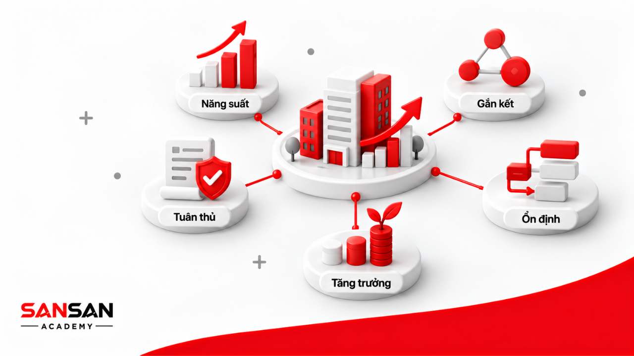 Các giá trị quản trị nhân sự mang lại gồm năng suất, gắn kết, ổn định, tăng trưởng và tuân thủ