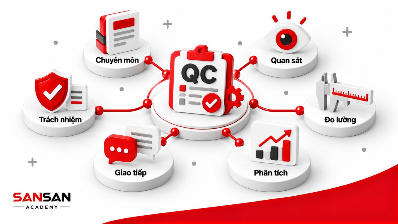 Nền tảng nghề QC gồm kiến thức chuyên môn, khả năng quan sát, đo lường, phân tích, giao tiếp và tinh thần trách nhiệm.