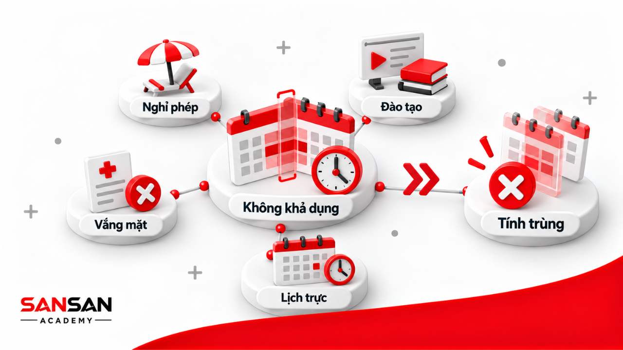 Minh họa lỗi tính trùng thời gian không khả dụng gồm nghỉ phép, đào tạo, vắng mặt và lịch trực khi định biên nhân sự