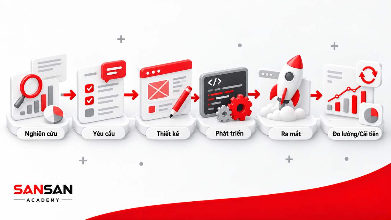 Quy trình công việc của Product Manager theo các giai đoạn từ nghiên cứu đến ra mắt và cải tiến sản phẩm