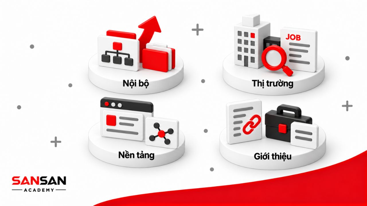 Nguồn tuyển dụng gồm nội bộ, thị trường lao động, nền tảng tuyển dụng và nguồn giới thiệu hoặc headhunter.