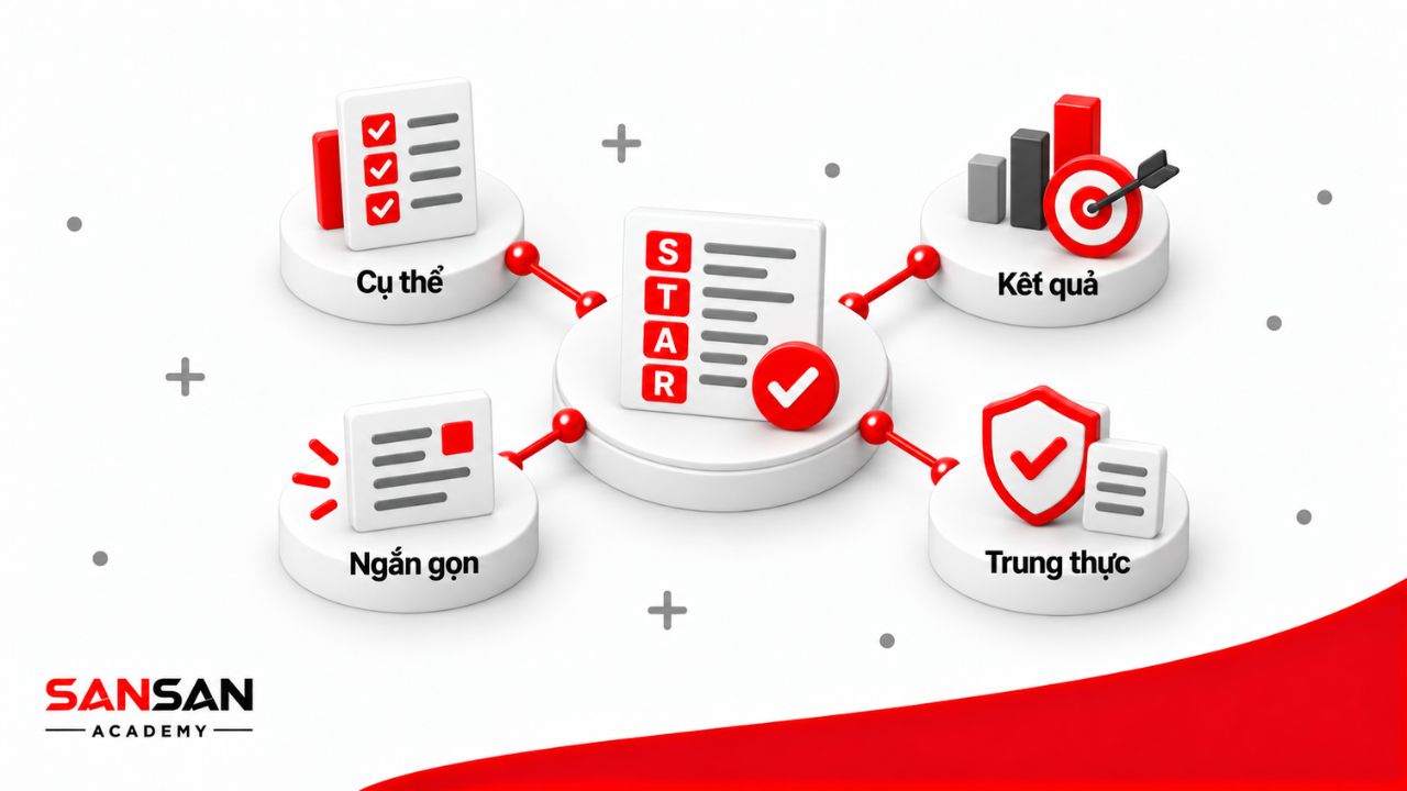 Câu trả lời STAR thuyết phục cần cụ thể, ngắn gọn, có kết quả rõ ràng và trung thực về vai trò của người trả lời.