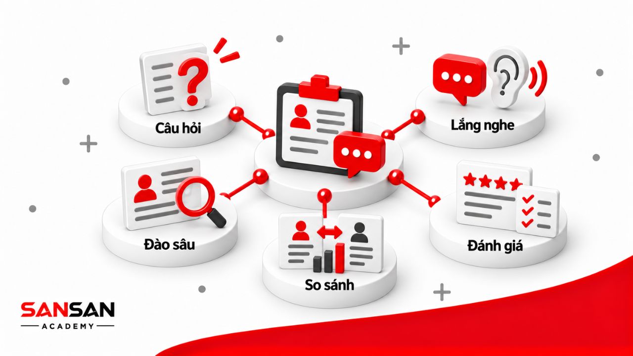 Nhà tuyển dụng áp dụng STAR qua câu hỏi hành vi, lắng nghe, đào sâu bằng chứng, đánh giá và so sánh ứng viên.