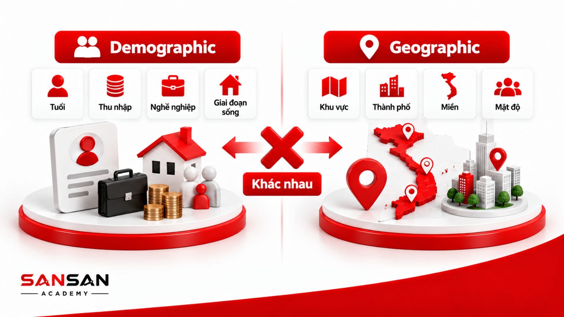 Phân biệt Demographic với Geographic qua tiêu chí tuổi, thu nhập, nghề nghiệp, giai đoạn sống so với khu vực, thành phố, miền và mật độ.