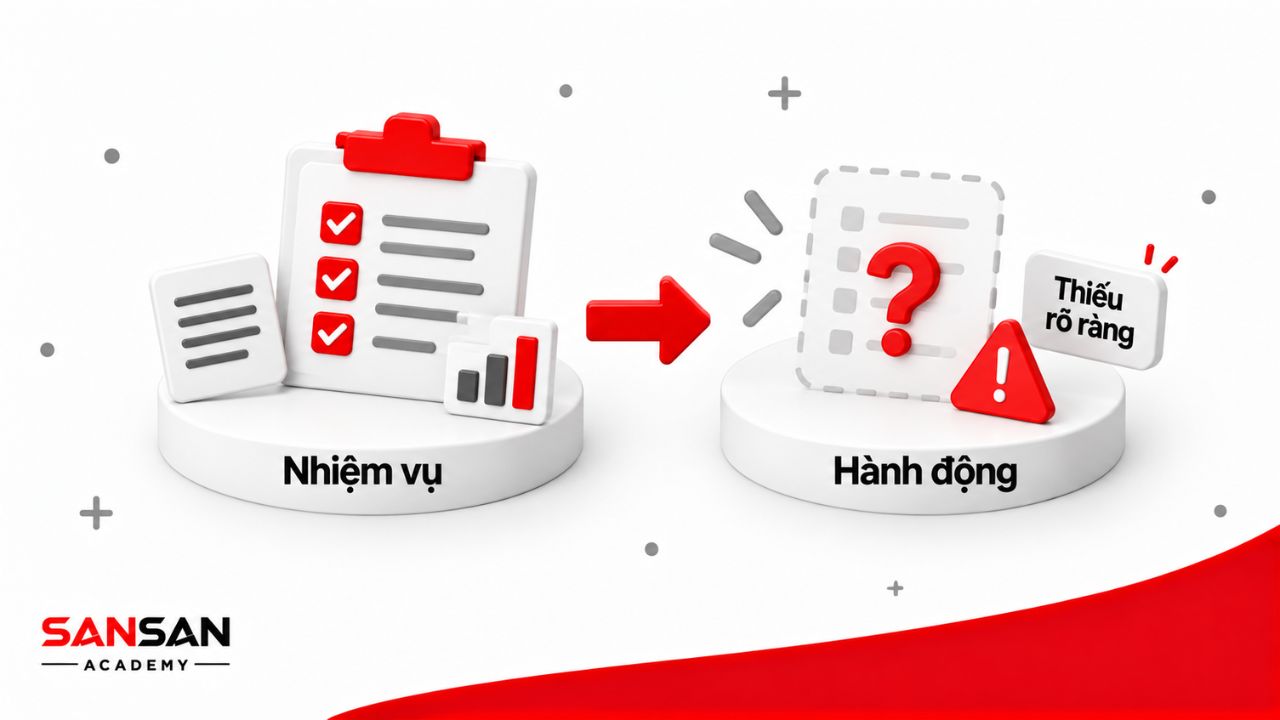 Câu trả lời nêu rõ nhiệm vụ nhưng phần hành động vẫn mơ hồ, thiếu các bước xử lý và quyết định cụ thể.