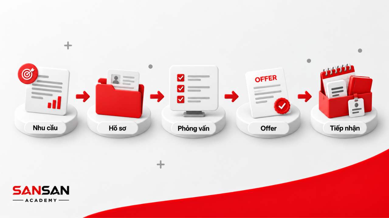 Quy trình tuyển dụng từ xác định nhu cầu, quản lý hồ sơ, phỏng vấn, gửi offer đến tiếp nhận nhân viên