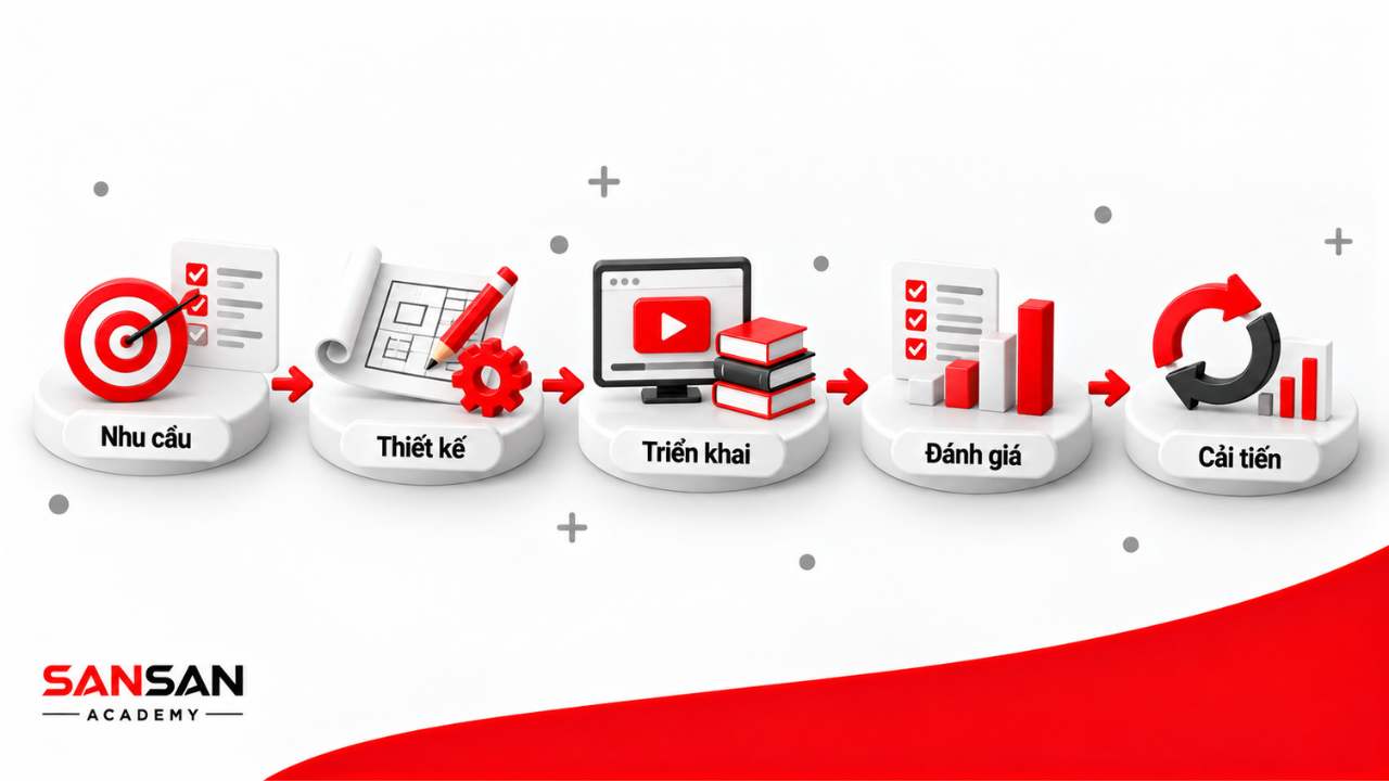 Quy trình Learning and Development từ xác định nhu cầu, thiết kế, triển khai, đánh giá đến cải tiến