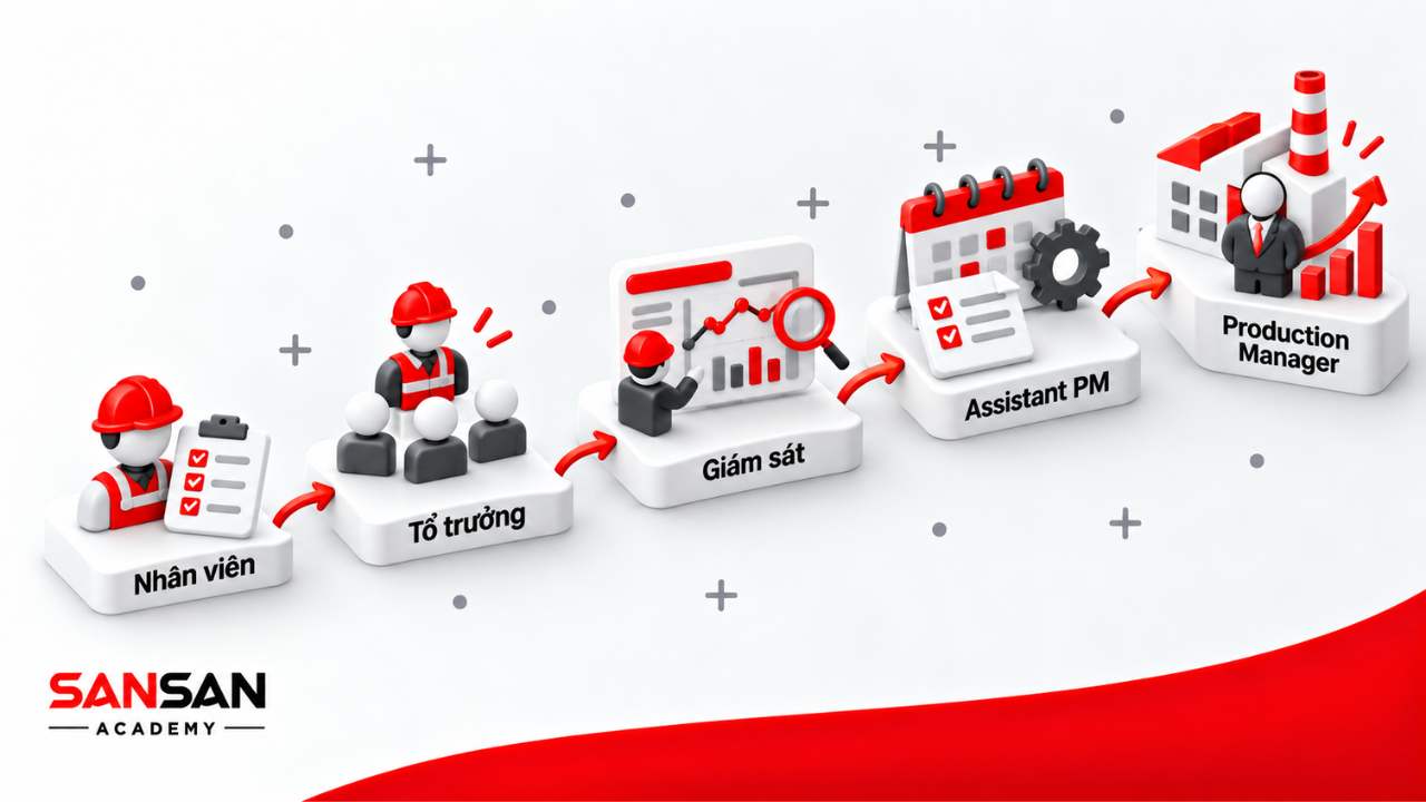 Lộ trình từ nhân viên, tổ trưởng, giám sát, Assistant PM đến Production Manager