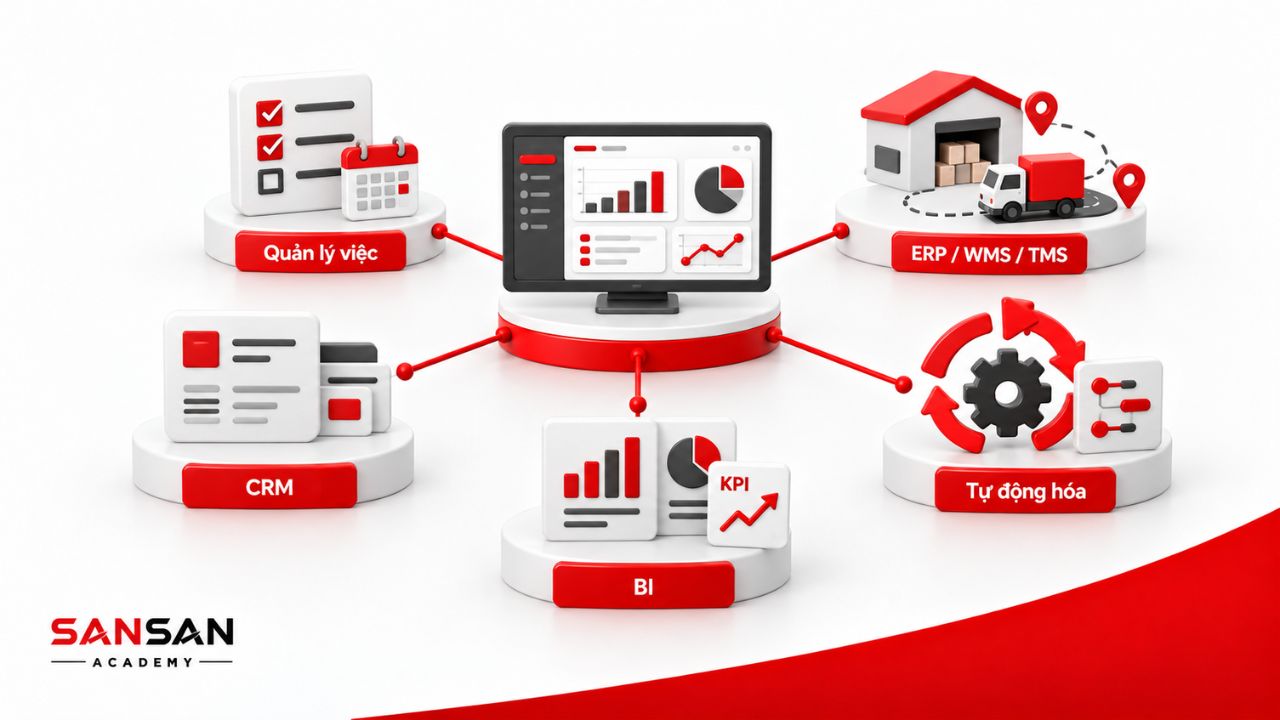 Công cụ Operation gồm quản lý việc, ERP, WMS, TMS, CRM, BI và tự động hóa.