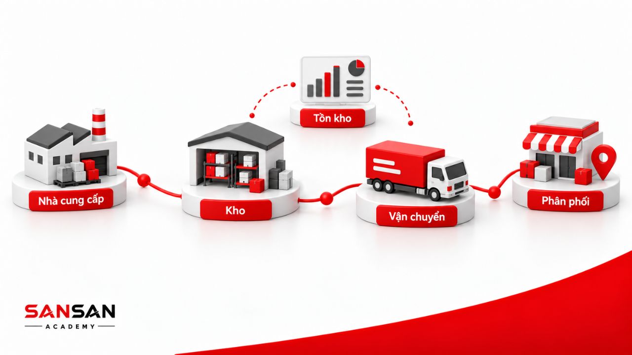 Chuỗi cung ứng kết nối nhà cung cấp, kho, vận chuyển, phân phối và dữ liệu tồn kho.