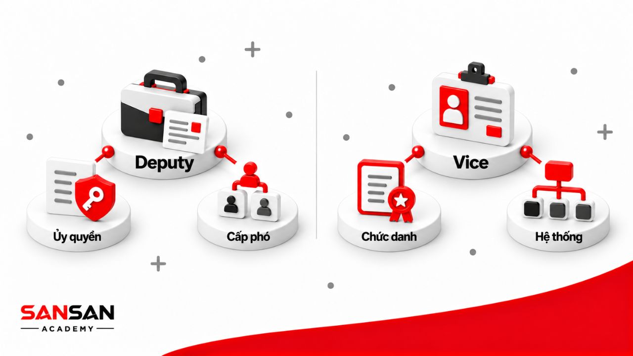 Deputy gắn với vai trò cấp phó và phạm vi ủy quyền, trong khi Vice thường nằm trong hệ thống chức danh chính thức như Vice President hoặc Vice Chairman.