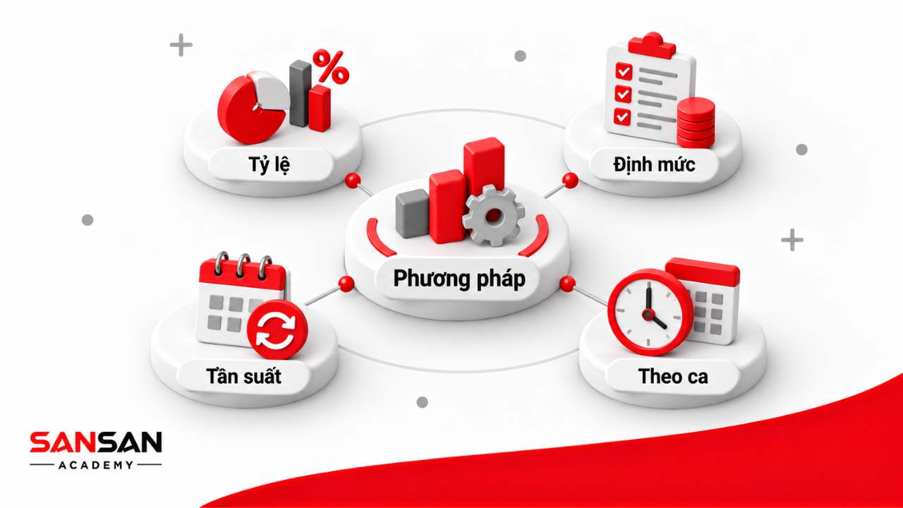 Các phương pháp định biên nhân sự gồm theo tỷ lệ, định mức lao động, tần suất công việc và thời gian theo ca