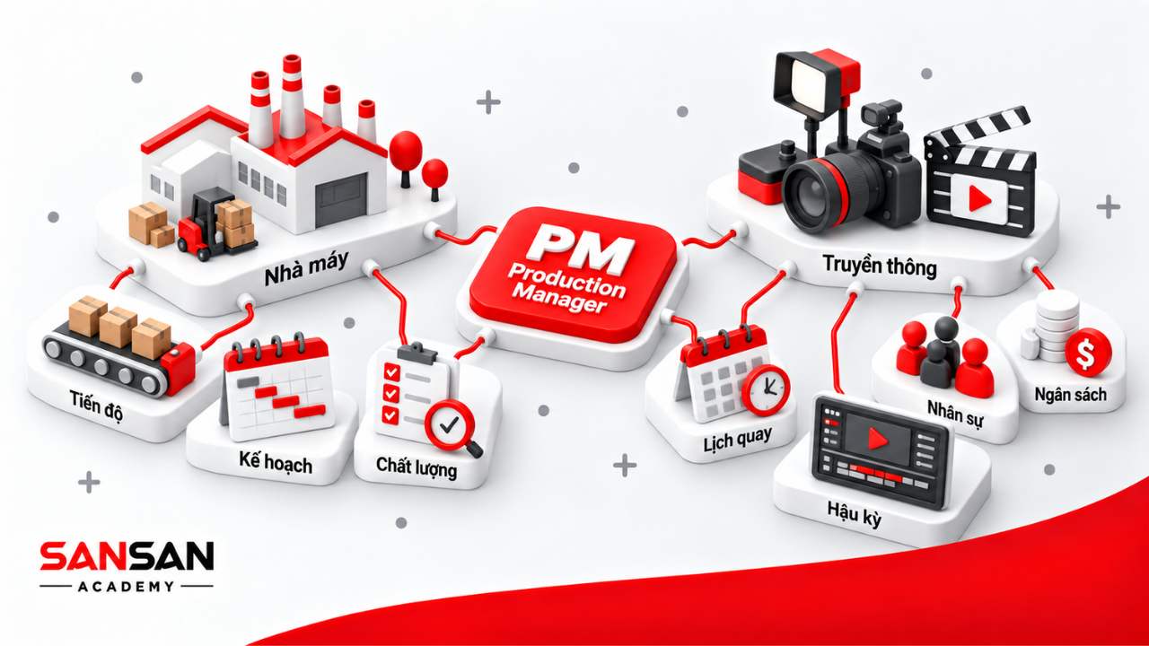 Production Manager trong nhà máy và truyền thông với kế hoạch, chất lượng, lịch quay, nhân sự và ngân sách